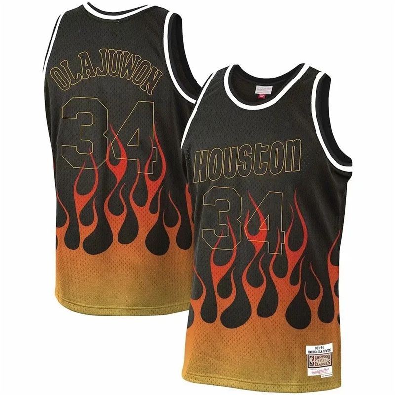 Men Houston Rockets #34 Olajuwon Black Flame retro NBA Jersey->denver nuggets->NBA Jersey